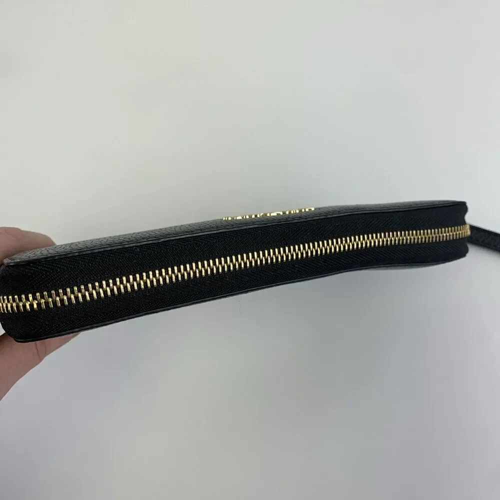 Michael Kors Leather Continental Wristlet Mercer Black Pebbled Wallet Zip Around